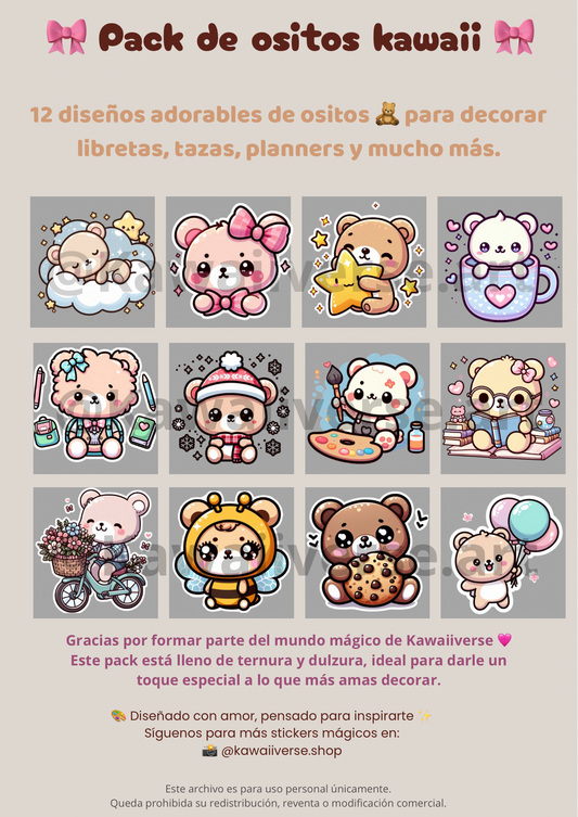 🧸Pack de stickers-  Ositos kawaii 🧸